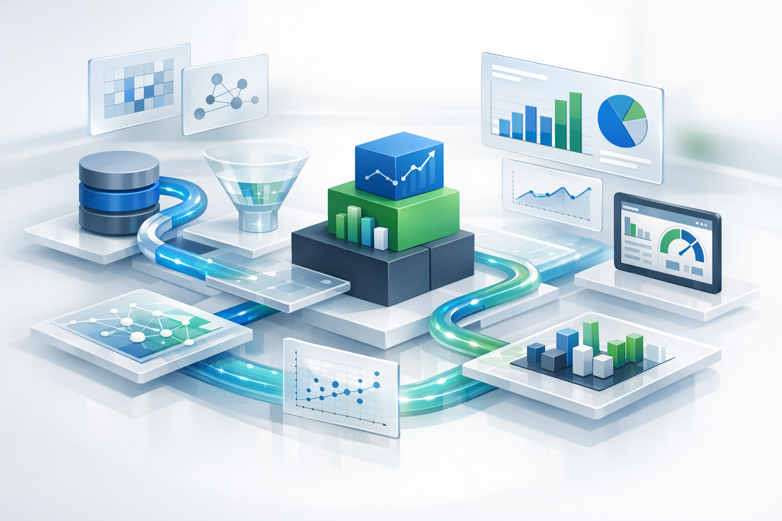 Visual van een data platform met dashboards, ETL en analytics