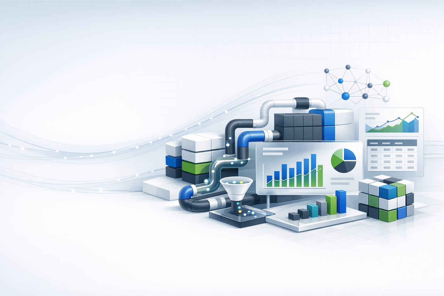 Abstracte visual van data pipelines, reporting en analytics